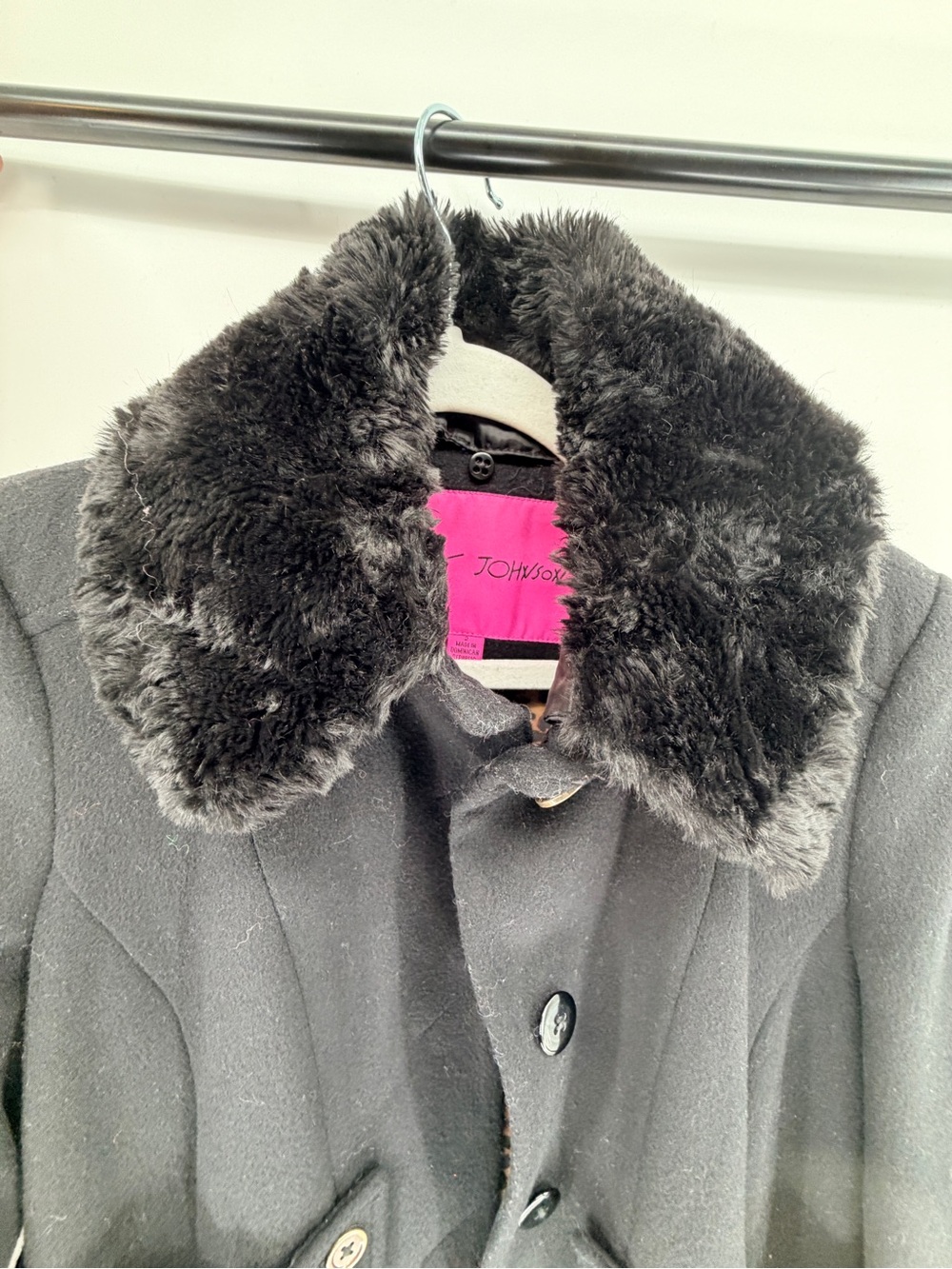 Betsey Johnson Black Wool Blend Faux Fur Collar Fit & Flare coquette Coat Size 2 - Picture 4 of 9